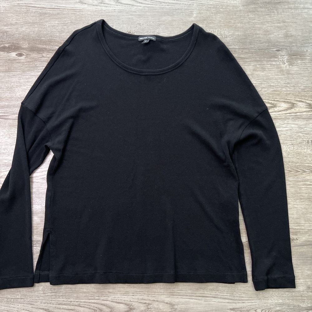 James Perse Waffle Knit Long Sleeve Shirt Womens Large Black Crew Neck Relaxed